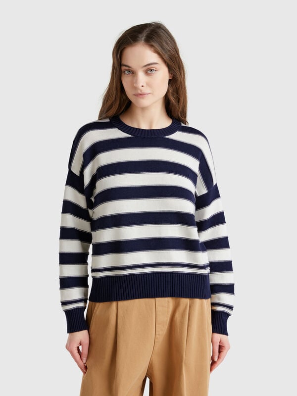 Camisola às riscas em algodão tricô Mulher