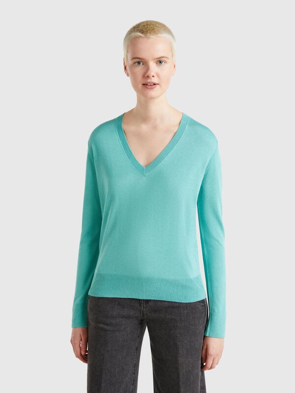 Camisola decote em V em mistura de seda Mulher