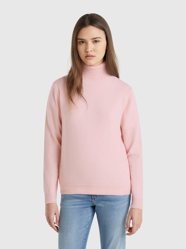 Camisola de gola alta rosa pó em pura lã Merino Mulher