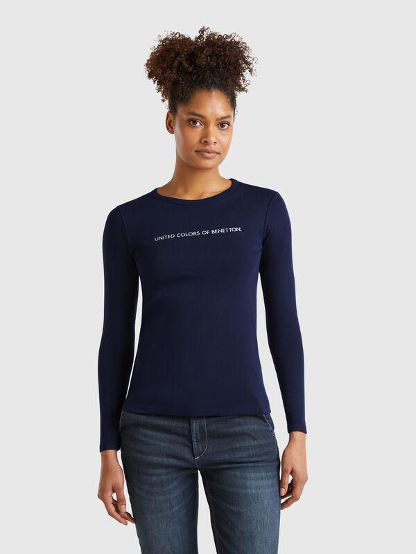 T-shirt azul-escuro de manga comprida 100% algodão Mulher