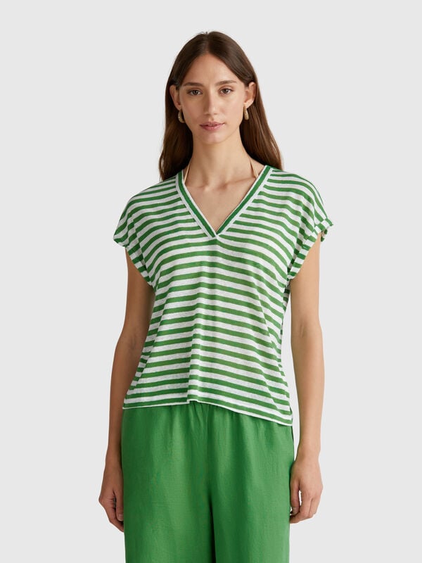 T-shirt às riscas em mistura de linho Mulher
