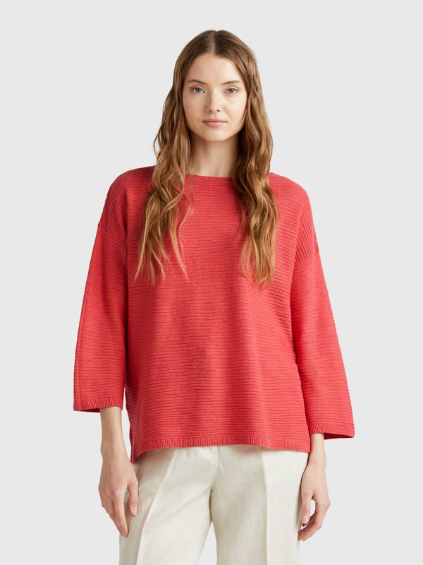 Camisola em mistura de linho com mangas 3/4 Mulher