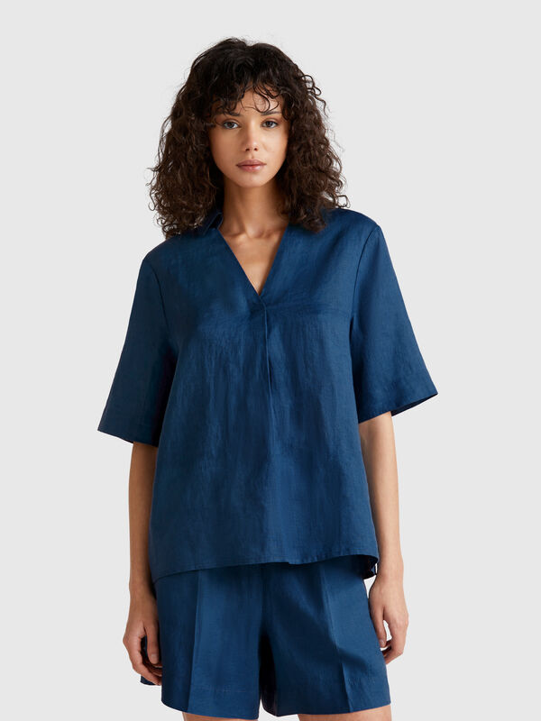Blusa de manga curta em linho puro Mulher