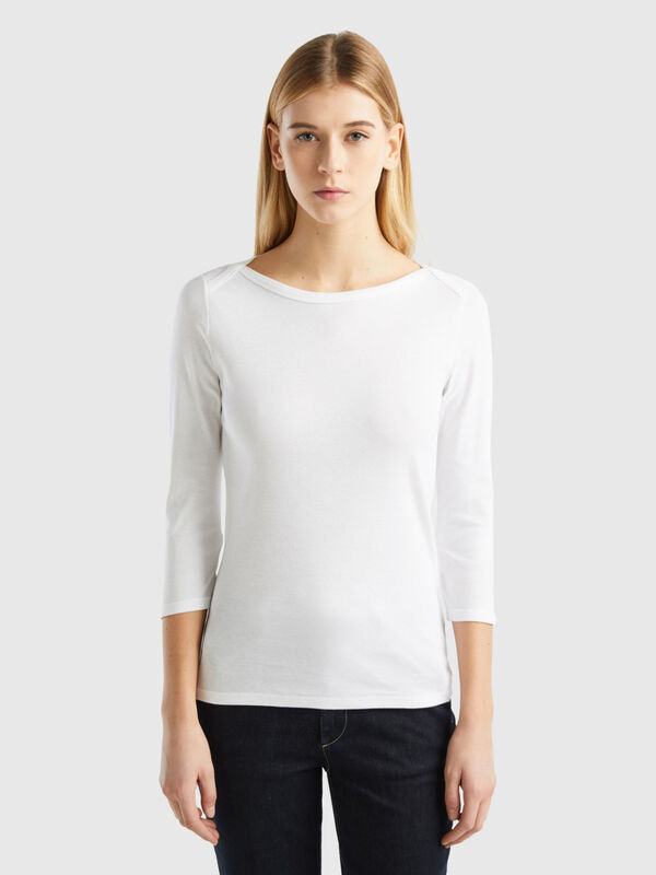 T-shirt com decote à barco 100% algodão Mulher
