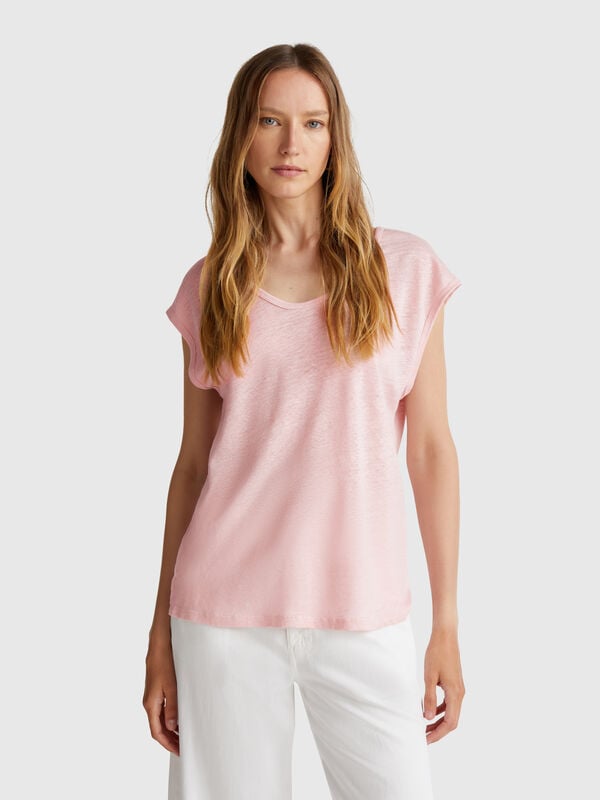 T-shirt decote amplo em linho puro Mulher