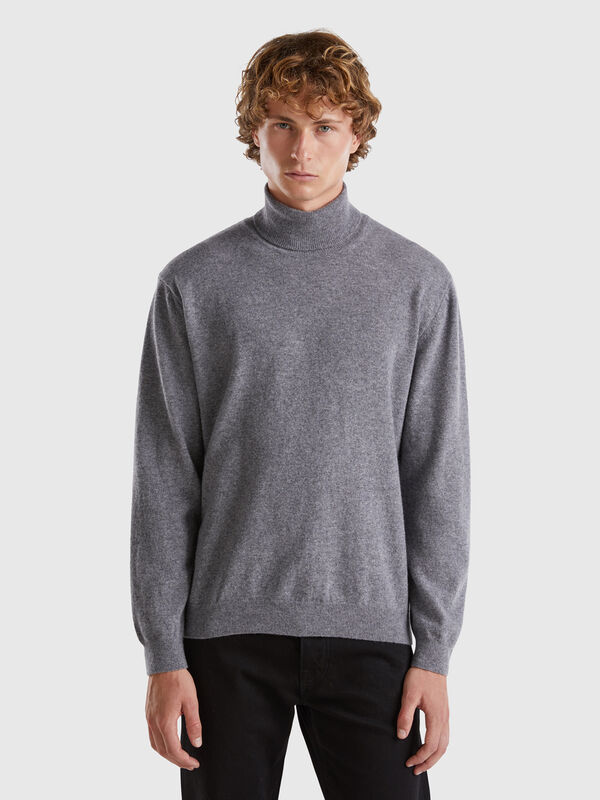Camisola de gola alta cinza-escuro em pura lã Merino Homem