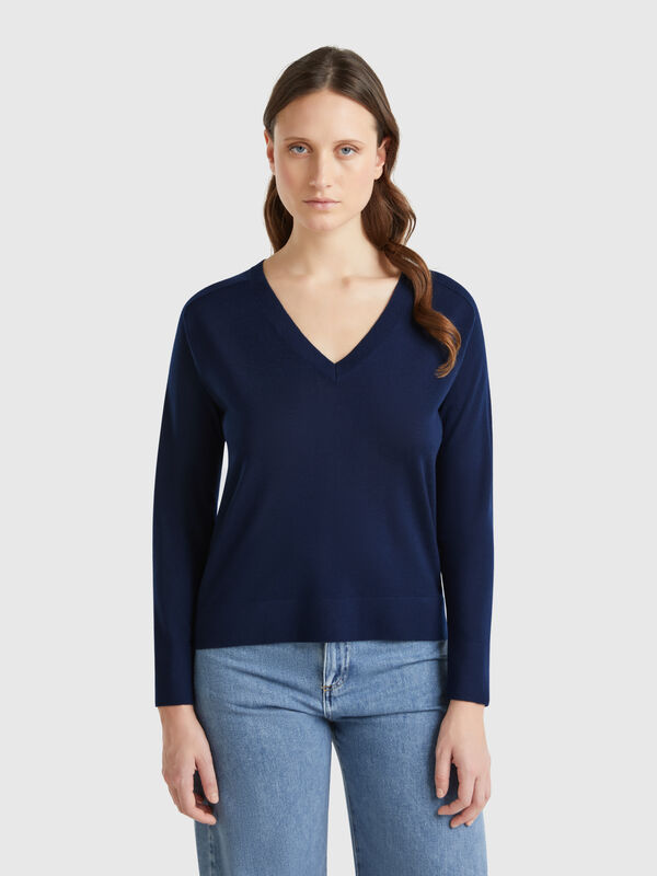 Camisola com decote em V em pura lã Merino Mulher