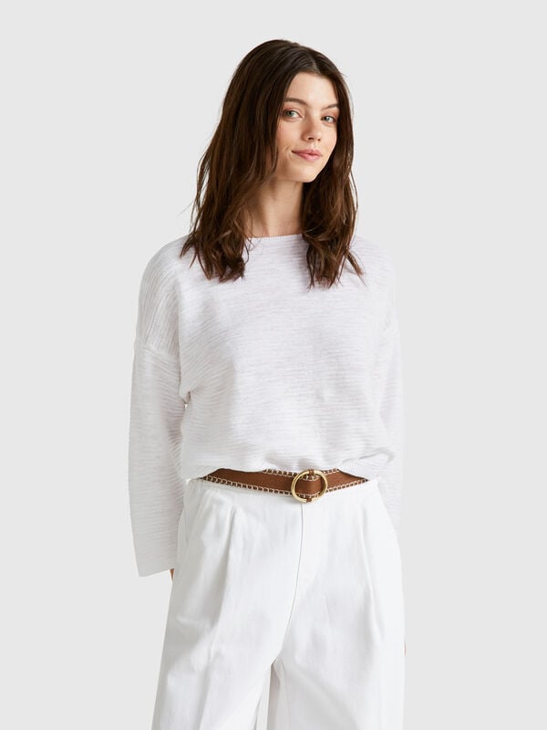 Camisola em mistura de linho com mangas 3/4 Mulher