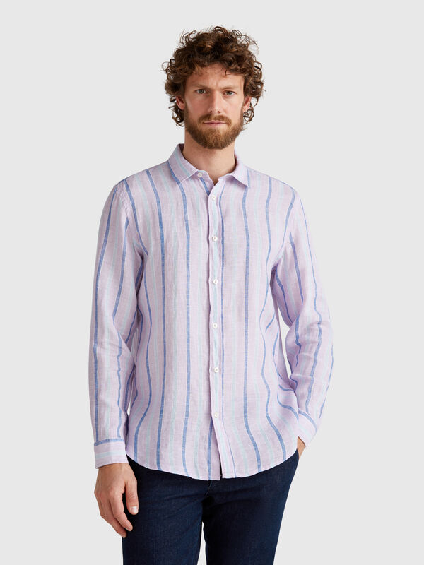 Camisa lilás às riscas em linho puro Homem