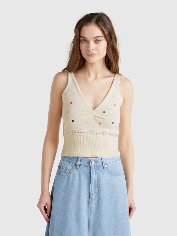 Top de malha com bordado de flores Mulher