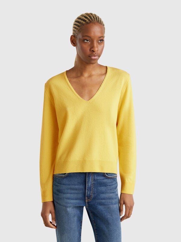 Camisola decote em V em pura lã Merino Mulher