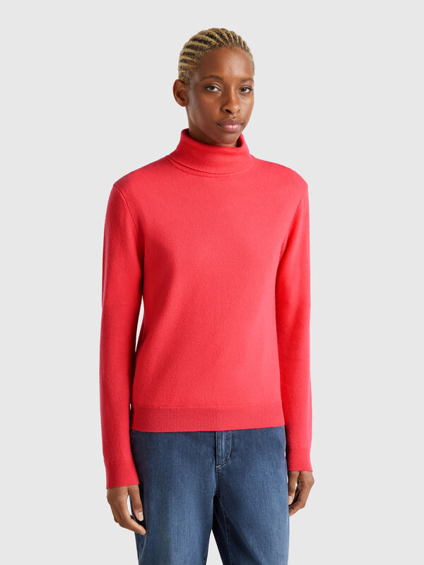 Camisola de gola alta ciclame em pura lã Merino Mulher