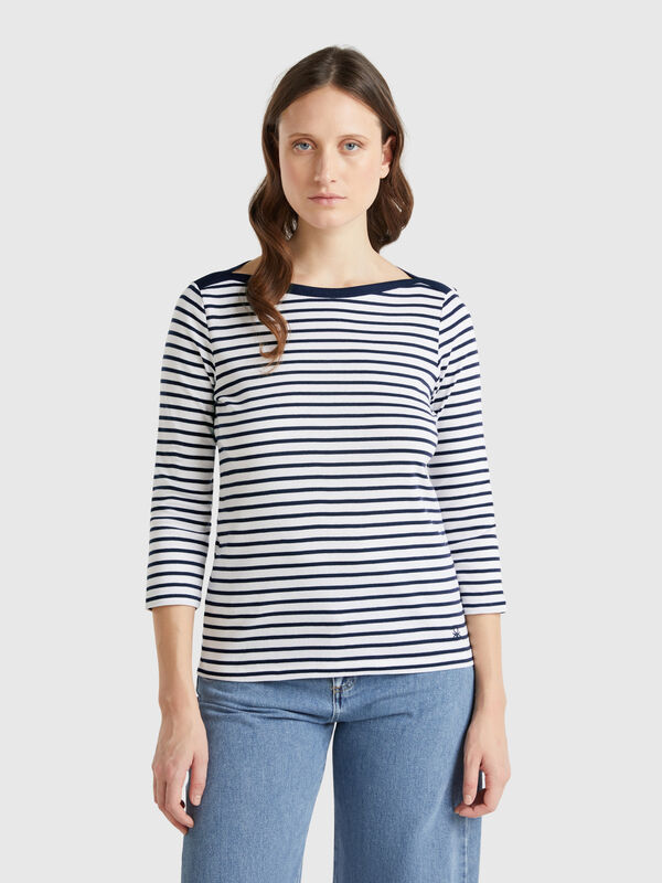 T-shirt 3/4 às riscas em algodão puro Mulher