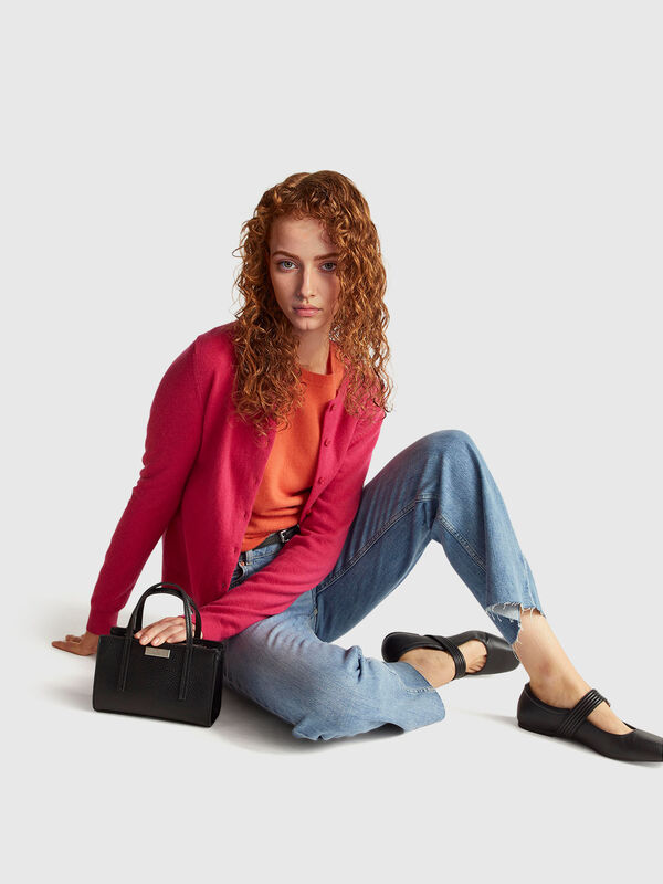 Cardigã de gola redonda fúcsia em pura lã Merino Mulher