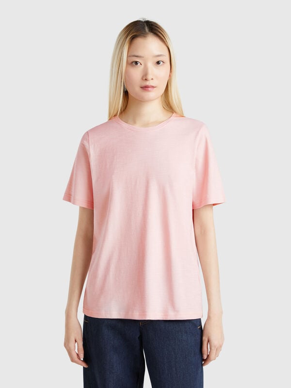 T-shirt de gola redonda em algodão flamé Mulher