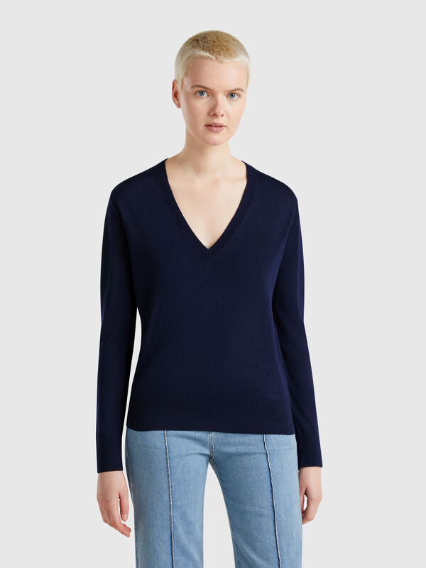 Camisola decote em V em mistura de seda Mulher