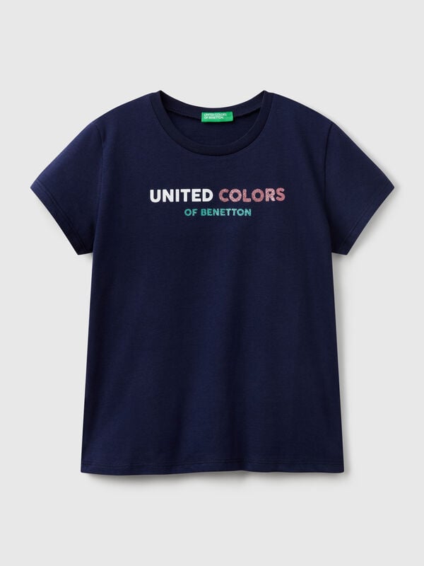 T-shirt com logótipo glitter em algodão Menina
