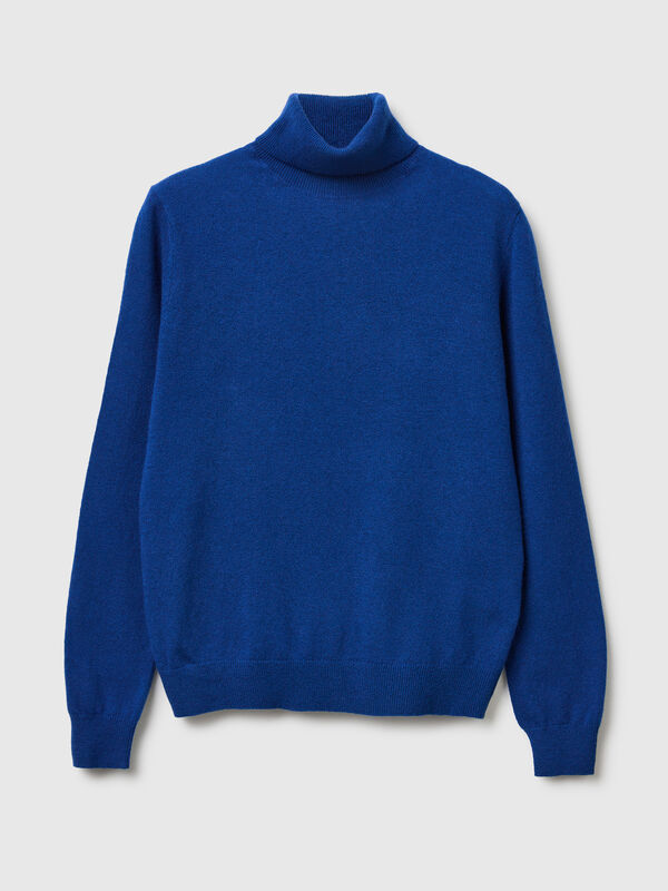 Camisola de gola alta azul em pura lã Merino Mulher