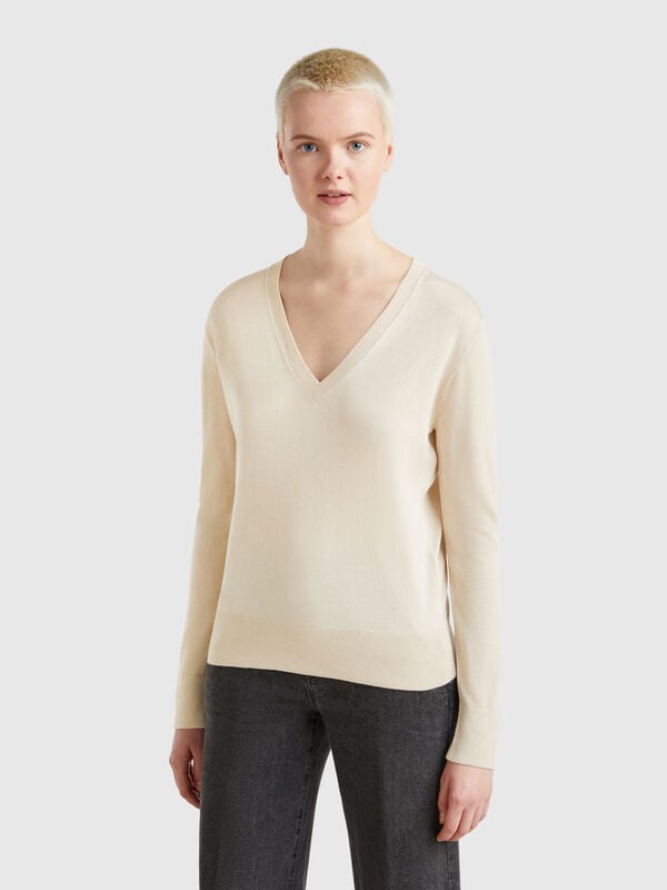 Camisola decote em V em mistura de seda Mulher