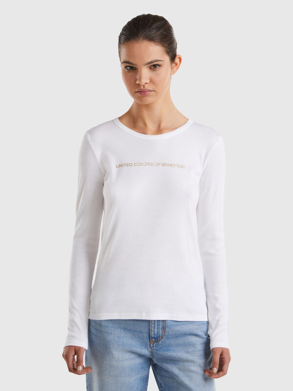T-shirt branca de manga comprida 100% algodão Mulher