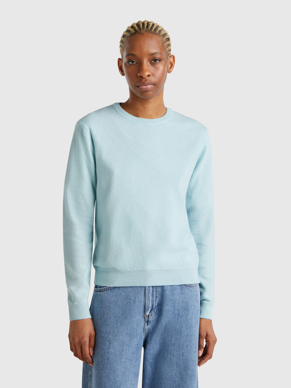 Camisola de gola redonda turquesa em lã Merino Mulher