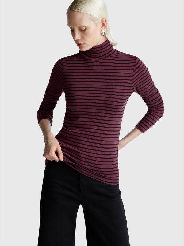 T-shirt de gola alta às riscas Mulher