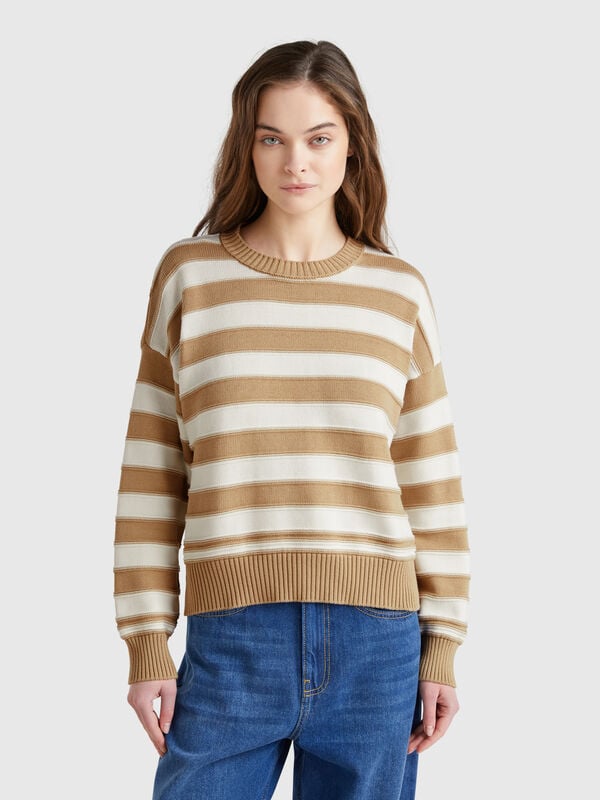 Camisola às riscas em algodão tricô Mulher