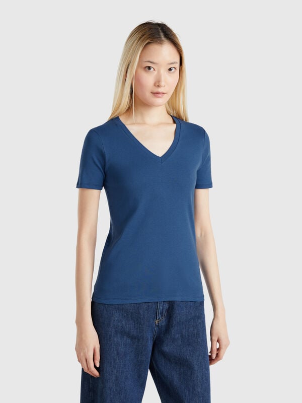 T-shirt azul força aérea em algodão puro com decote em V Mulher
