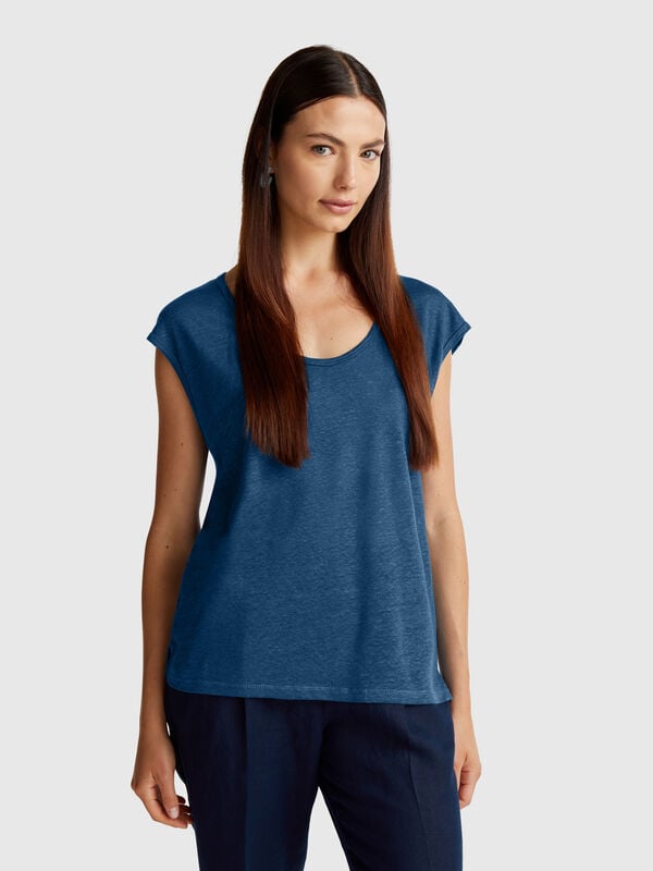 T-shirt decote amplo em linho puro Mulher