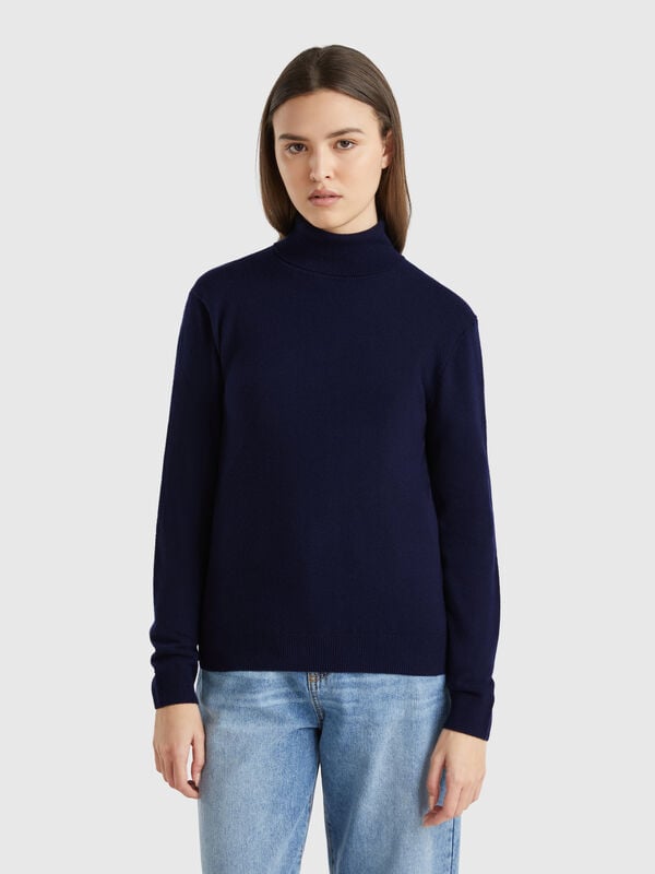 Camisola de gola alta azul meia-noite em pura lã Merino Mulher