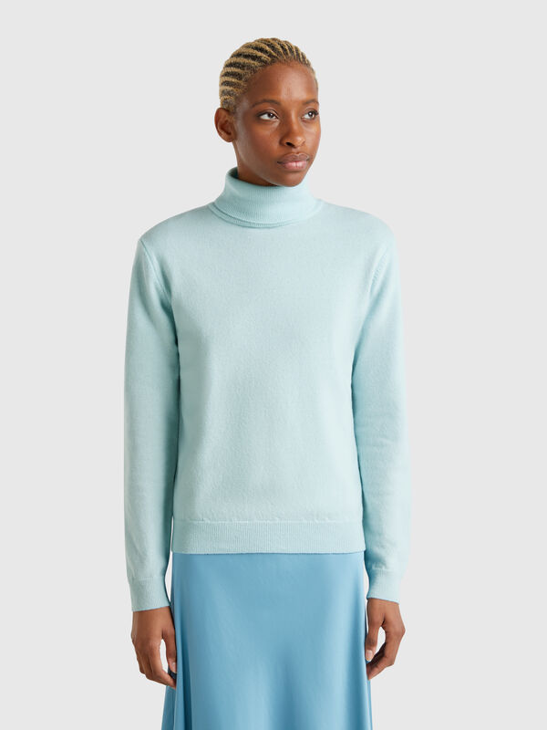 Camisola de gola alta turquesa em pura lã Merino Mulher