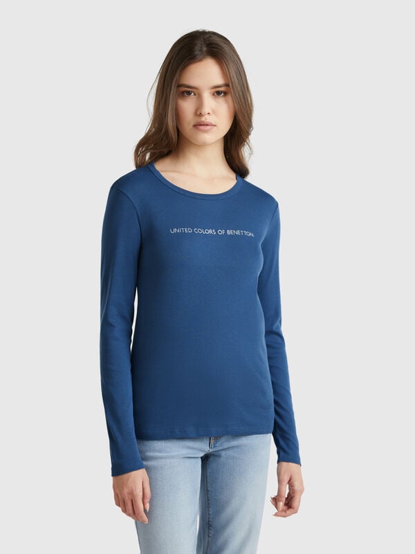 T-shirt azul força aérea de manga comprida 100% algodão Mulher
