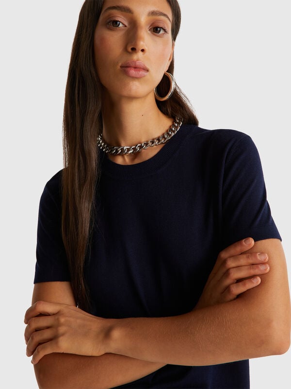 Camisola de manga curta em mistura de seda Mulher