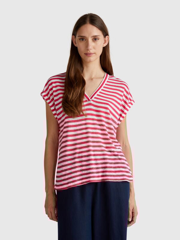 T-shirt às riscas em mistura de linho Mulher