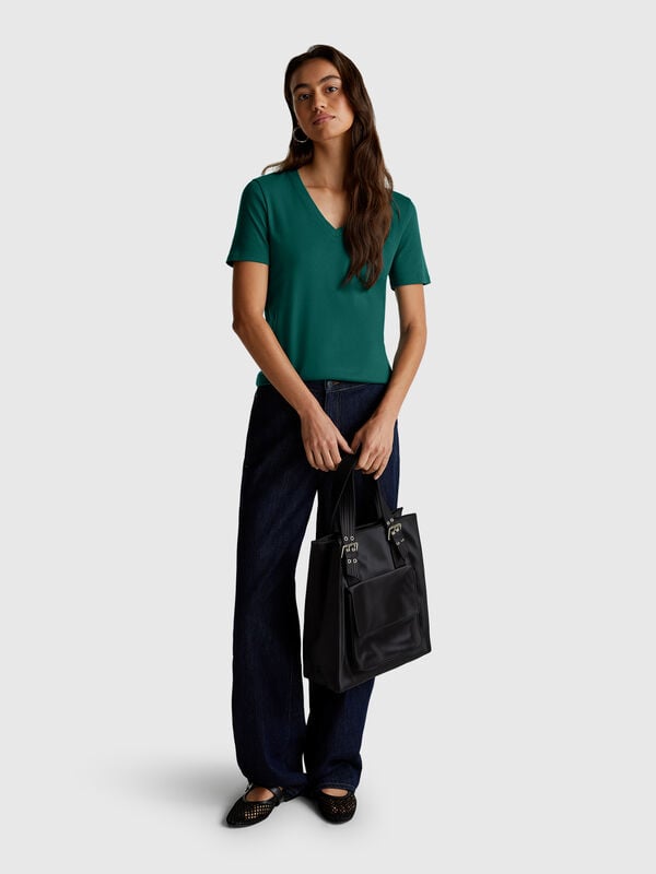 T-shirt em algodão puro com decote em V Mulher