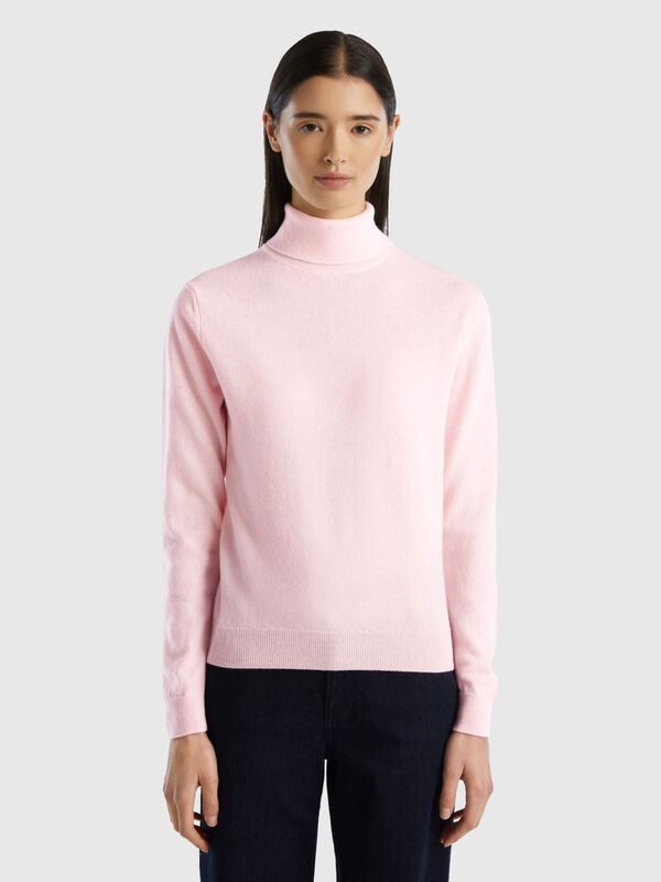 Camisola de gola alta rosa claro em pura lã Merino Mulher