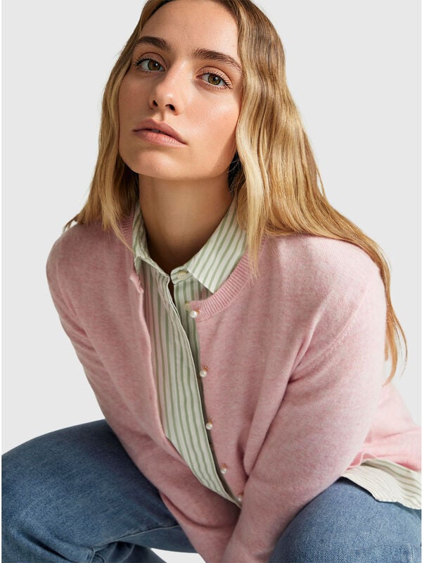 Cardigã rosa em pura lã Merino Mulher