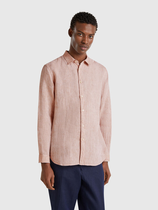 Camisa bege padrão em linho puro Homem