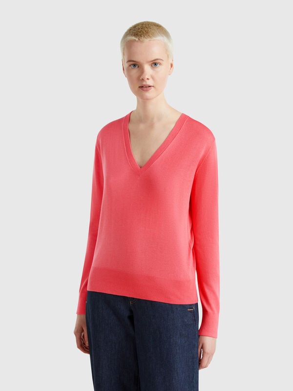 Camisola decote em V em mistura de seda Mulher