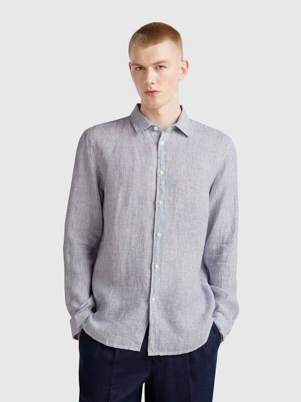 Camisa azul-escuro padrão em linho puro Homem