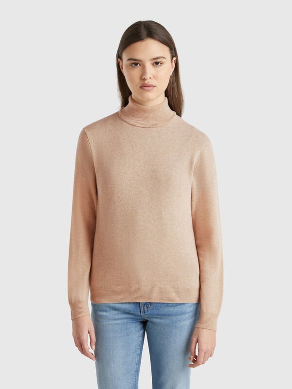 Camisola de gola alta bege em pura lã Merino Mulher