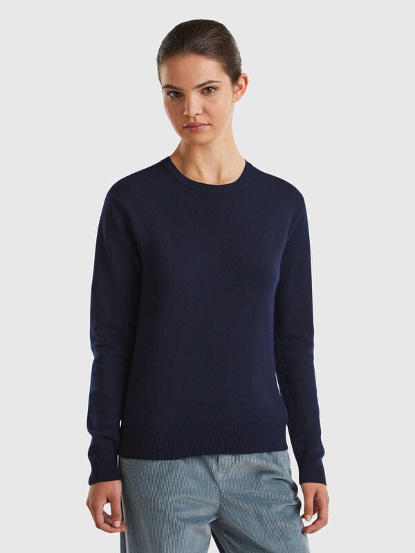 Camisola de gola redonda azul-escuro em lã Merino Mulher