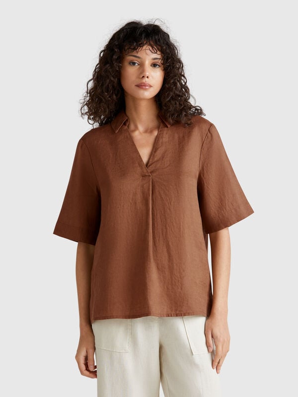 Blusa de manga curta em linho puro Mulher
