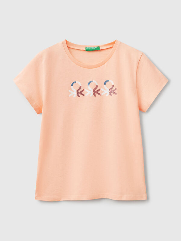 T-shirt com logótipo glitter em algodão Menina