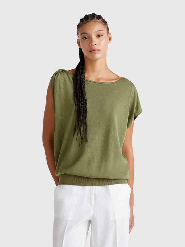 Camisola assimétrica em mistura de linho Mulher