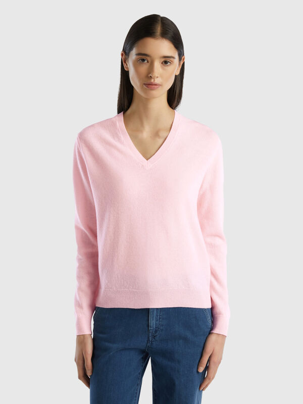 Camisola com decote em V rosa claro em pura lã Merino Mulher