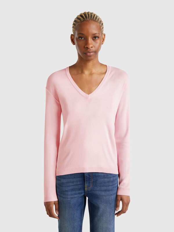Camisola em algodão puro com decote em V Mulher