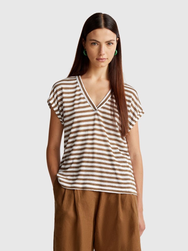 T-shirt às riscas em mistura de linho Mulher