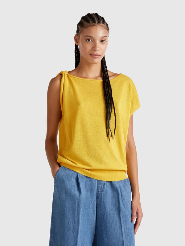 Camisola assimétrica em mistura de linho Mulher