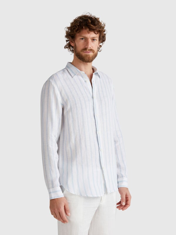 Camisa às riscas azul-celeste e branco em linho puro Homem